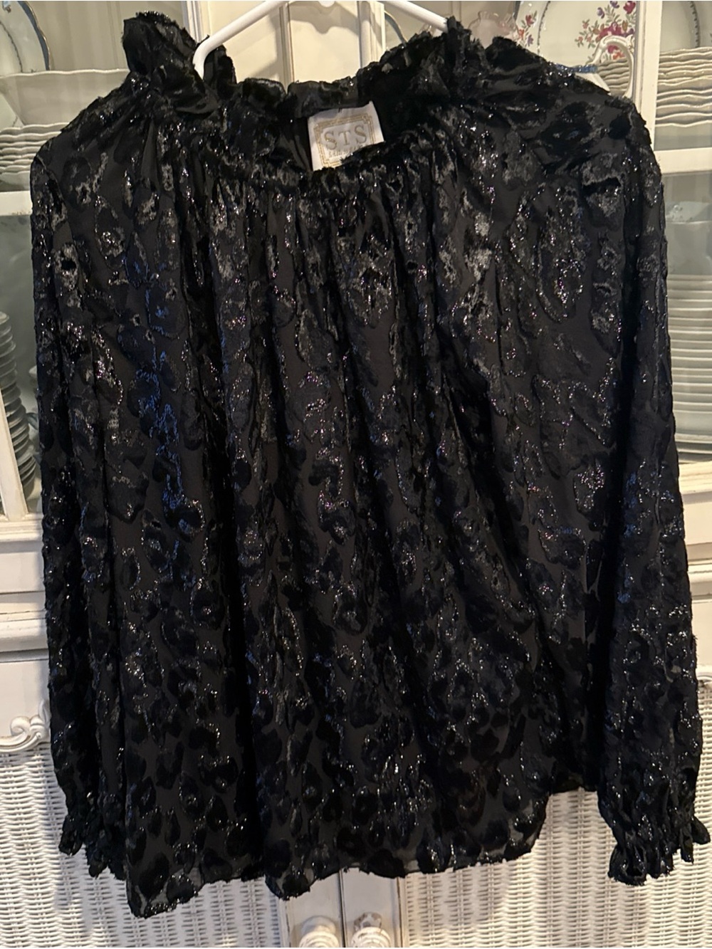 STS Black Sequin Long-Sleeve Ruffled Blouse